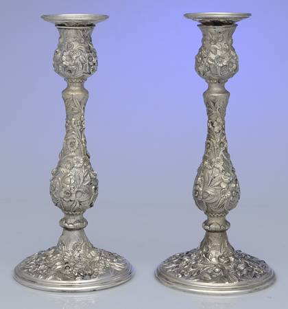 Repousse-Full Chased-Hand Chased Pair of Weighted Candlesticks with Bobeche