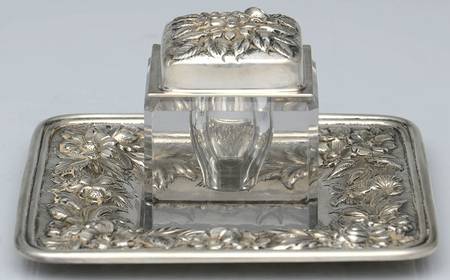 Repousse-Full Chased-Hand Chased (3 Piece) Inkwell with Glass Base