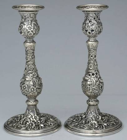 Repousse-Full Chased-Hand Chased Pair of Weighted Candlesticks with Bobeche