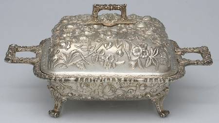 Repousse-Full Chased-Hand Chased Square Covered Vegetable Bowl