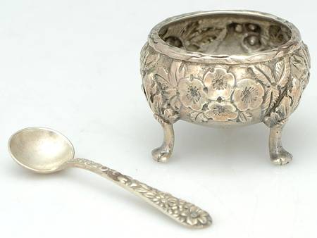 Repousse-Full Chased-Hand Chased Open Master Salt with Spoon