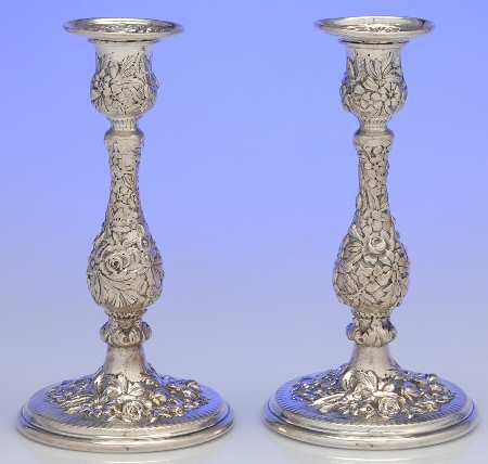 Repousse-Full Chased-Hand Chased Pair of Weighted Candlesticks with Bobeche