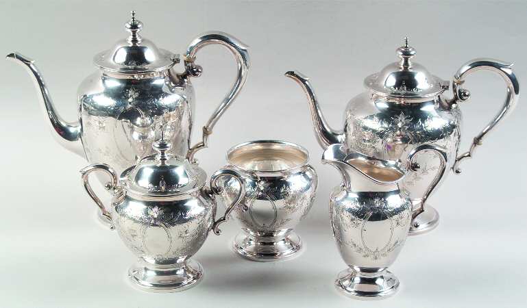 Primrose (Sterling, Hollowware) 5 Piece Tea Set (SCP, STP, SCR, SSU, SWB)