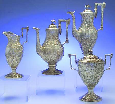 Repousse-Full Chased-Landscape (Coin) 4 Piece Tea Set (SCP, STP, SCR, SSU)