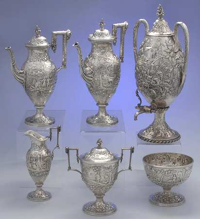 Repousse-Full Chased-Landscape 6 Piece Tea Set (SCP, STP, SCR, SSU, SWB, URN)
