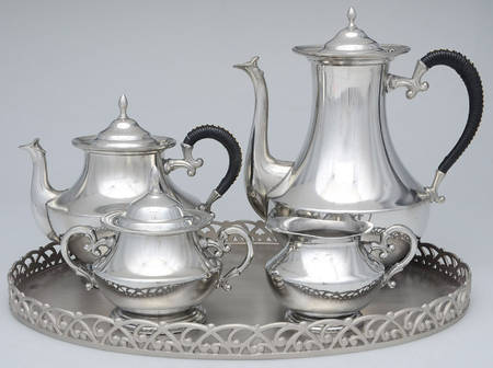KUZ1 (Pewter, Hollowware) 5 Piece Tea Set (CPBH, TPBH, CR, SU, GAT15C)