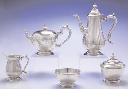 Early American-Plain (Sterling, Hollowware)  5 Piece Tea Set (SCP, STP, SCR, SSU, SWB)