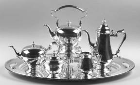 Early American-Plain (Sterling, Hollowware)  6 Piece Tea Set (SCP, STP, SCR, SSU, SKES, WTL)