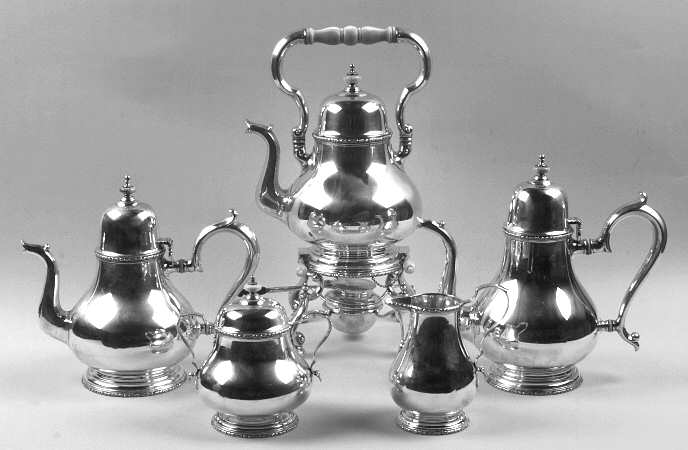 William & Mary (Sterling, Hollowware)  5 Piece Tea Set (SCP, STP, SCR, SSU, SKES)
