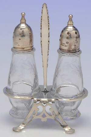Lace Point (Sterling, 1965, Hollowware) Crystal Salt & Pepper Set w/Sterling Lid & Stand