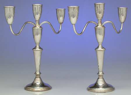 63 (Sterling, Hollowware) Pair of 11" 3-Light Candelabra