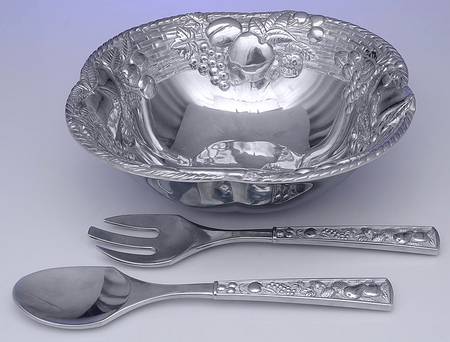 Aluminum Hollowware 3 Piece Salad Set-13" Bowl, 2 Pc Salad Set