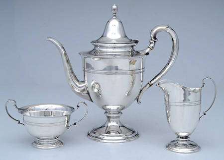 1614 (Sterling, Hollowware) 3 Pc Tea Set (Coffee Pot, Creamer, Open Sugar)
