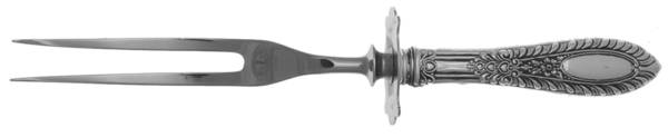 Gadroonette (Sterling, 1938, No Monograms) Lg Carving/Roast Fork-Stn Prong w/Sterling Guard