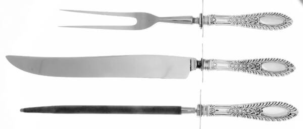Gadroonette (Sterling, 1938, No Monograms) Carving Set-3 Pc Lg Stn Bl Roast-Sterling Guard by Manchester