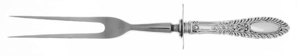 Gadroonette (Sterling, 1938, No Monograms) Large Stainless Prong Carving Fork W/Sterling Guar