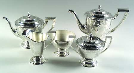 Queen Bess (Sterling, Hollowware) 5 Piece Tea Set (SCP, STP, SCR, SSU, SWB)