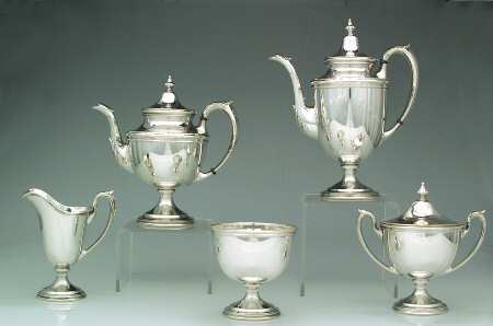 970 (Sterling, Hollowware) 5 Piece Tea Set (SCP, STP, SCR, SSU, SWB)