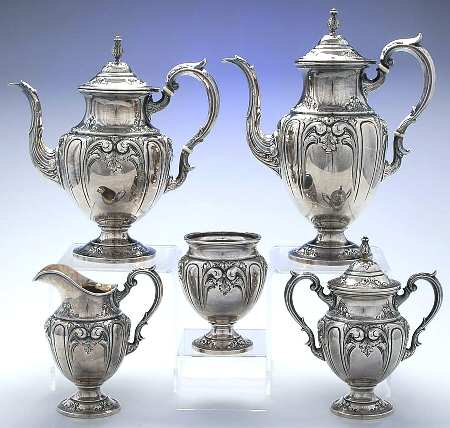 Victoria (Sterling, Hollowware) 5 Piece Tea Set (SCP, STP, SCR, SSU, SWB)
