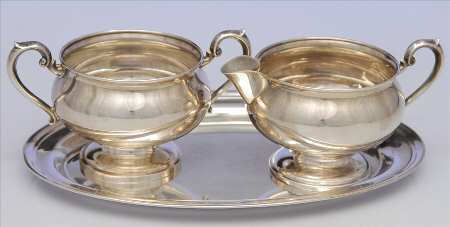 619x (Sterling, Hollowware) Mini Creamer, Sugar and Tray