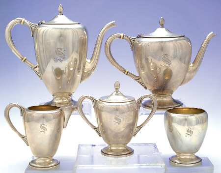 437 (Sterling, Hollowware) 5 Piece Tea Set (SCP1, STP1, SCR1, SSU1, SWB1)