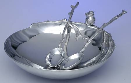 Bird & Branch Collection (Aluminum, Hollowware) Salad Serving Bowl with Fork and Spoon