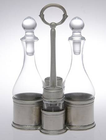 Pewter Hollowware 9 Pc Condiment (2 Glass Bottles,Sap & Mtl Holder)