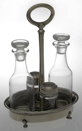Pewter Hollowware Condiment-7pc (2 Glass  Bottles,Sap &Holder)