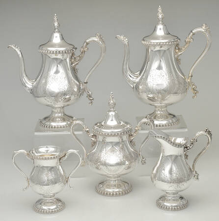 1859 (Silverplate, Hollowware, Engraved) 5 Piece Set (PCP, PTP, PCR, PSUO, WBWL)