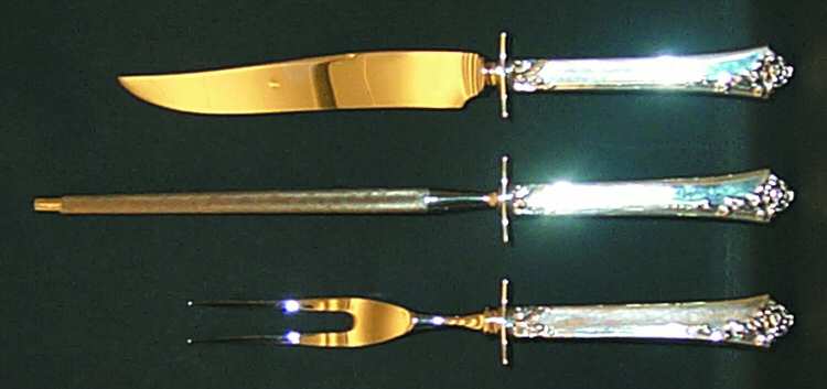 Damask Rose (Sterling, 1946, No Monograms) Small Steak 3-Piece Carving Set with Stainless Blade