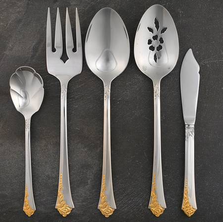 Golden Damask Rose (Stainless, Gold Accent Back-Fr) 5 Piece Hostess Set