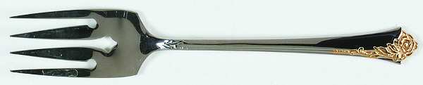Golden Damask Rose (Stainless, Gold Accent Back-Fr) Medium Solid Cold Meat Serving Fork