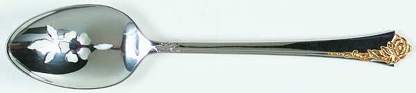 Golden Damask Rose (Stainless, Gold Accent Back-Fr) Pierced Tablespoon (Serving Spoon)