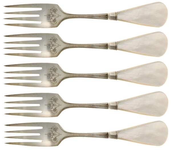 Grosvenor (Silverplate, 1921, No Monograms) Pearl Handle Salad Fork,Slvp Prong - Set of 5