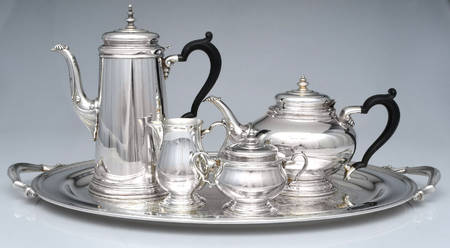 Bennington (Silverplate, 1959, Hollowware) 5-Piece Silverplate Tea Set (with Tray)
