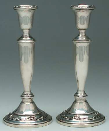 Damask Rose (Sterling, 1946, Hollowware) Pair of 9" Weighted Candlesticks