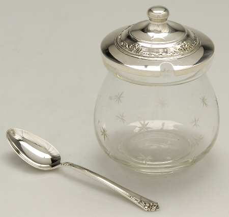 Damask Rose (Sterling, 1946, Hollowware) Crystal Jam Jar with Sterling Lid & Spoon