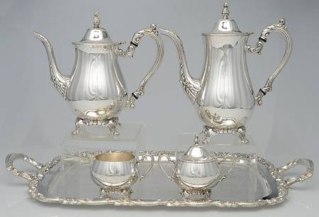 Du Maurier (Silverplate, Hollowware) (5 Piece) Tea Set (CP, TP, SU, CR, 19" Tray)