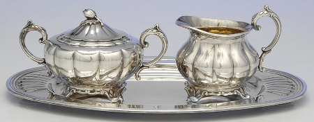 Old English Melon (Silverplate, Hollowware) Creamer, Sugar with Lid & Oval Tray
