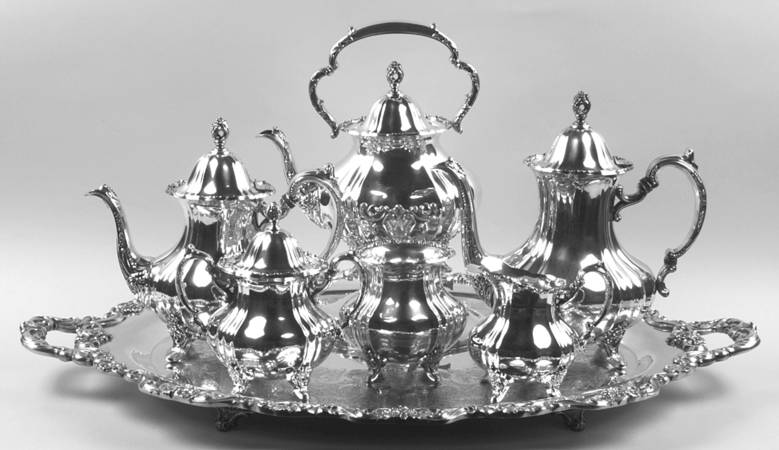 Lancaster Rose (Silverplate, Hollowware) (7 pc) Tea Set (Waste, Kettle, Tray)