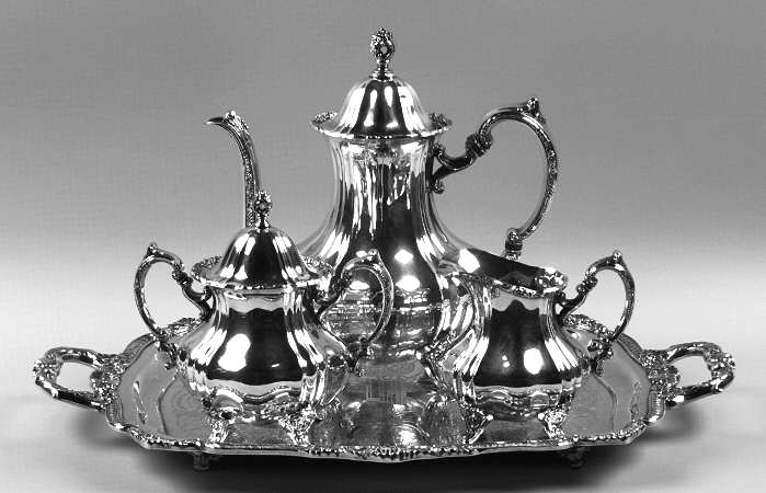 Lancaster Rose (Silverplate, Hollowware) 3-Piece Coffee Set and Tray