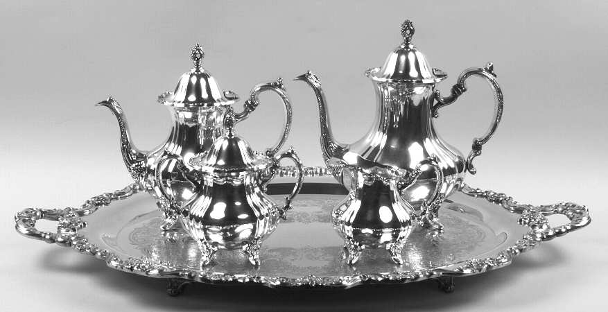 Lancaster Rose (Silverplate, Hollowware) 5-Piece Silverplate Tea Set (with Tray)
