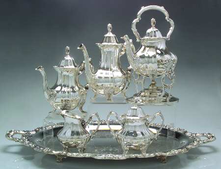 Lancaster Rose (Silverplate, Hollowware) 6-Piece Plated Tea Set (with Kettle & Tray)