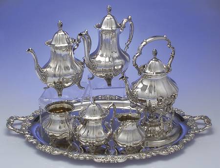 Lancaster Rose (Sterling, Hollowware) 7 Piece Tea Set (SCP, STP, SCR, SSU, SWB, SKES & WTL)