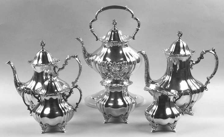 Lancaster Rose (Sterling, Hollowware) 6 Piece Tea Set (SCP, STP, SCR, SSU, SWB, SKES)