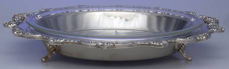 Old English (Silverplate, Hollowware) 13" Round Footed Pie Tray & Glass Liner