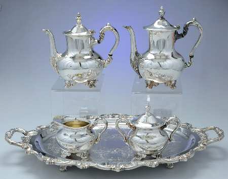 Old English (Silverplate, Hollowware) 5-Pc Silverplate Tea Set with Footed Tray