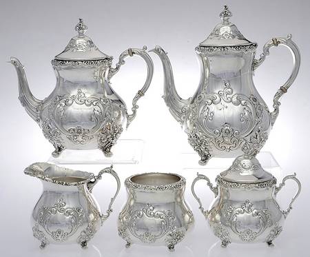 Old English (Sterling, Hollowware) 5 Piece Tea Set (SCP, STP, SCR, SSU, SWB)