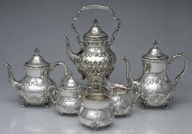 Old English (Sterling, Hollowware) 6 Piece Tea Set (SCP, STP, SCR, SSU, SWB, SKES)