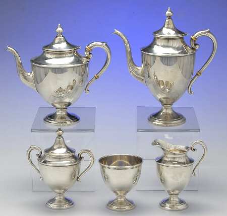 750 (Sterling, Hollowware) 5 Piece Tea Set (SCP, STP, SCR, SSU, SWB)